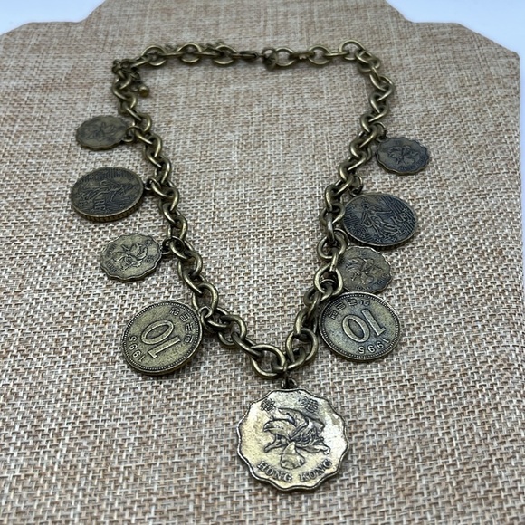 Coin Necklace by Vicky Jousan Antiqued Gold Tone Hong Kong Assorted Coins 
Large - Picture 10 of 13
